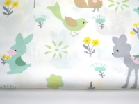 Ткань Лисенок олененок зайчик и птичка серо-бежево-зеленые на белом КИТ 125г/м2 производства Китай состав 100% Хлопок